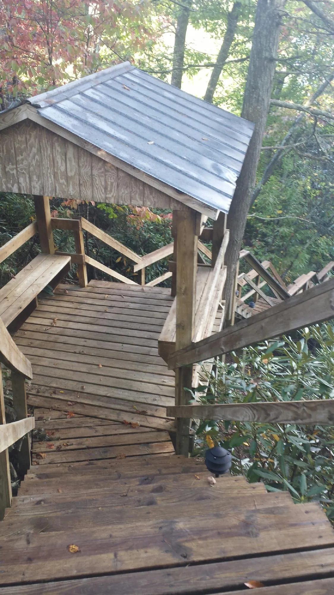 Metal roofed shelter over wooden steps on a wooded walkway — Skylight Repair & Installation work by our crew in Whiteville